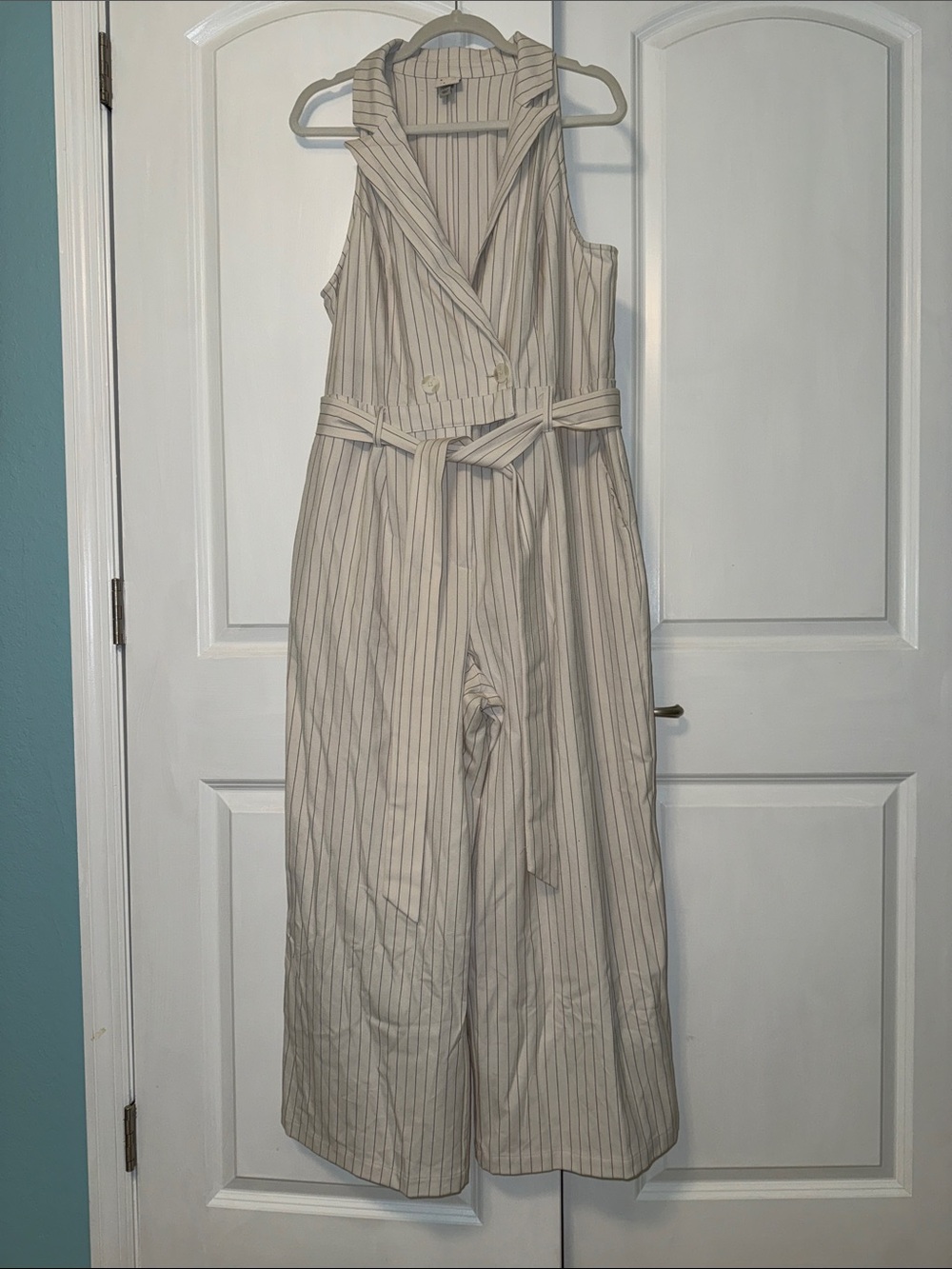 a new day Cream and Blue Pinstripe Sleeveless Wide-Leg Jumpsuit size XXL